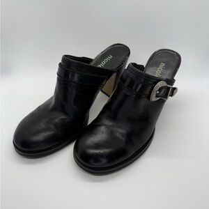 Nicole Black Buckle Leather Mules